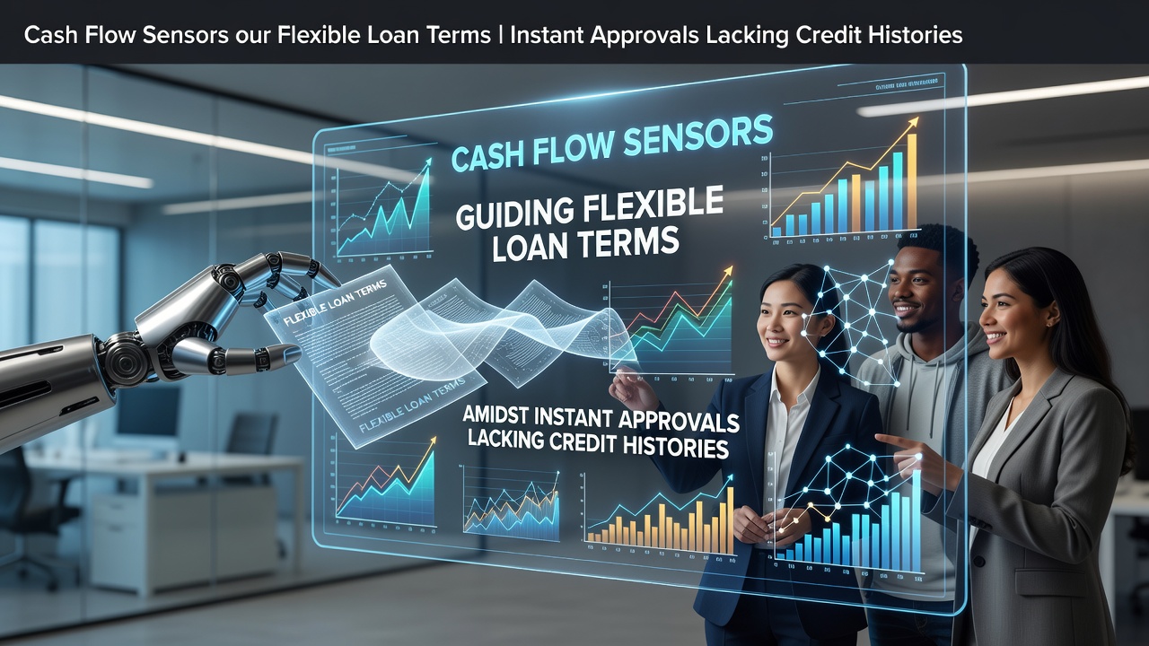 Cash flow monitoring sensors integrated into lending platforms showing real-time data flows for instant loan approvals
