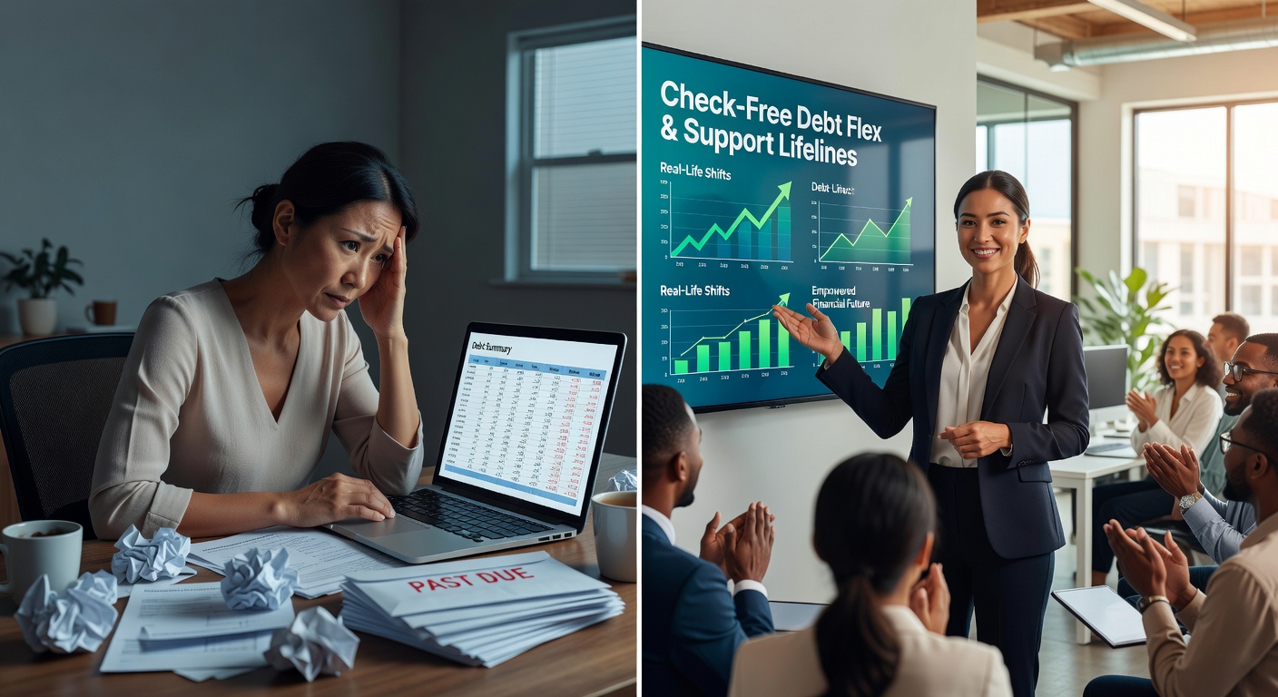 A timeline graphic showing debt reduction progress, with charts and icons representing flexibility and support calls