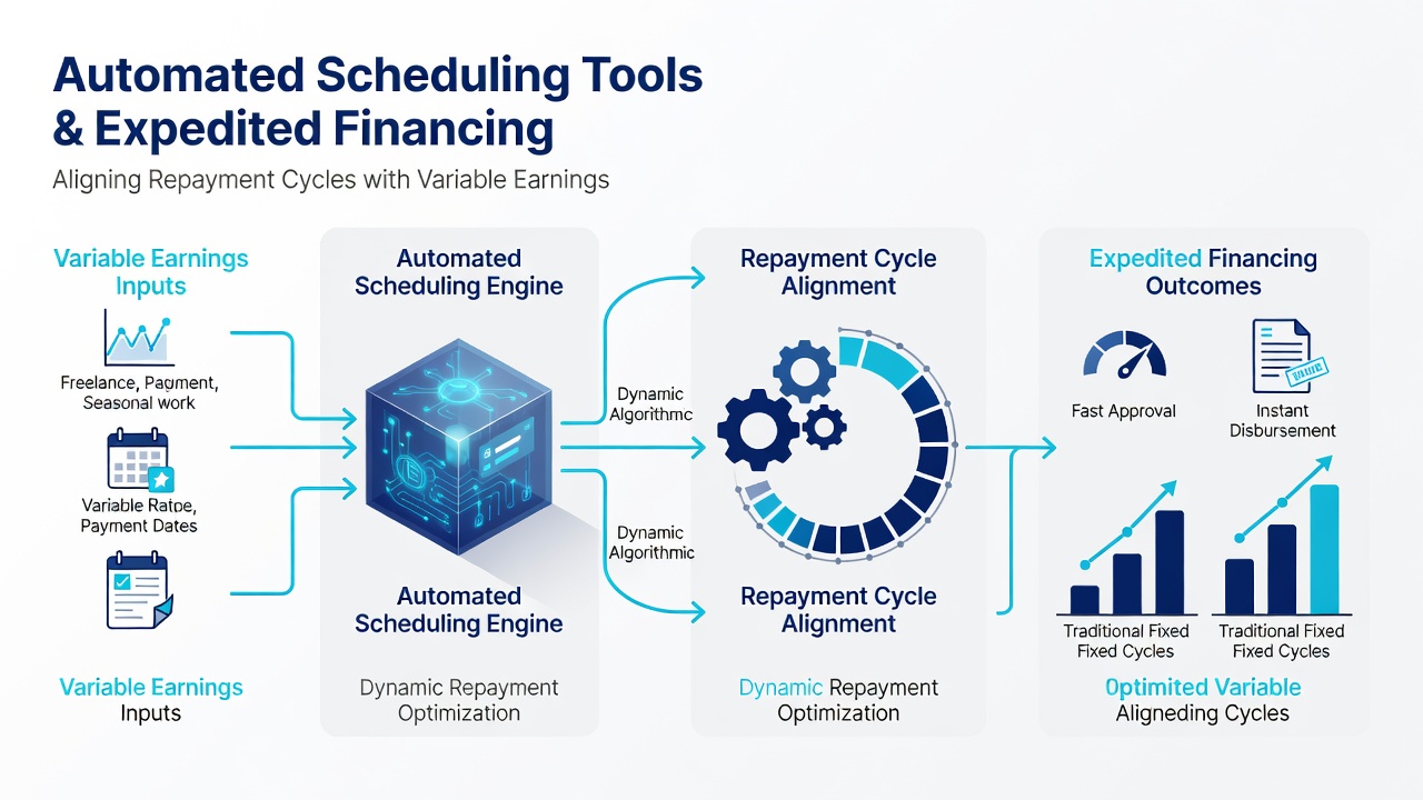 Flowchart showing automated repayment cycle adjustments based on variable earnings data feeds