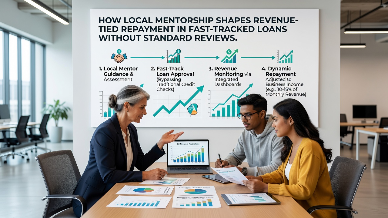 Local mentor discussing revenue-based loan repayment options with a borrower in a community setting
