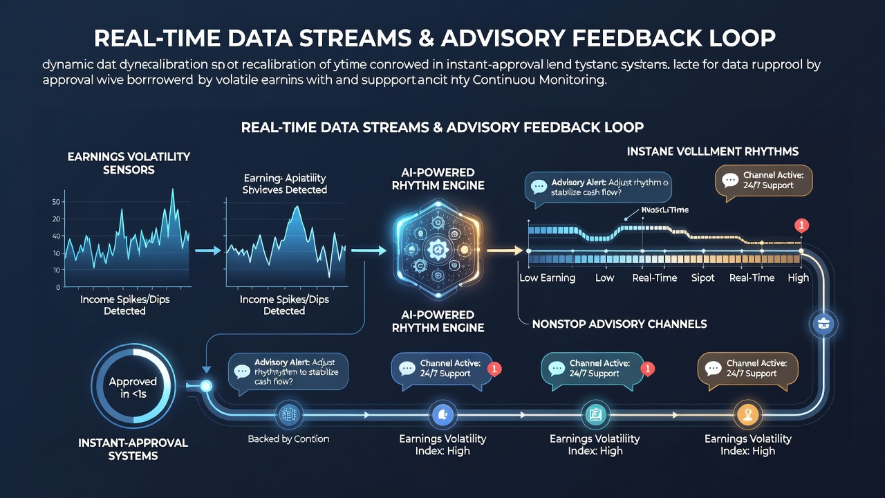 Real-time data streams feeding into lending platforms that adjust borrower installments based on earnings volatility