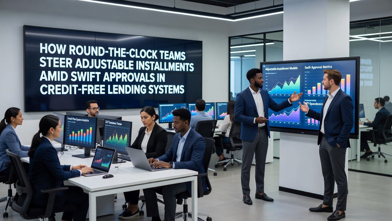 Round-the-clock lending support team reviewing adjustable payment plans on multiple screens