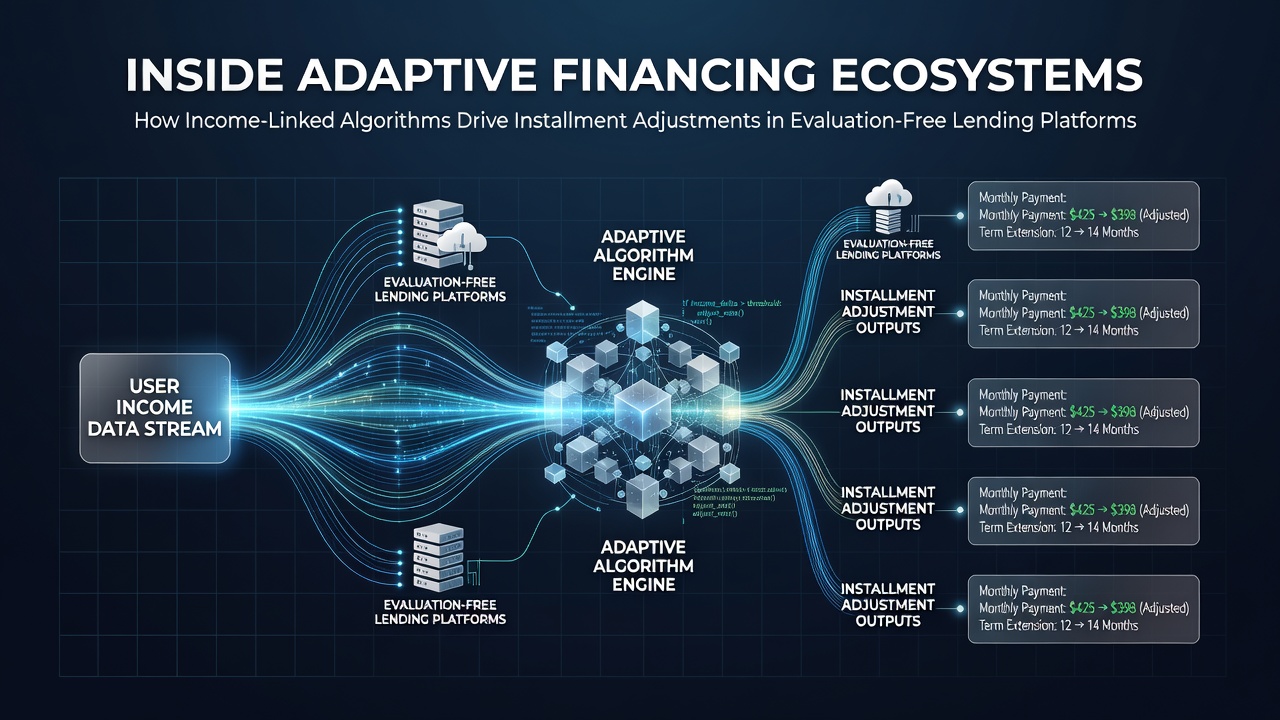 Diagram showing income-linked algorithms adjusting loan installments in real time within evaluation-free lending platforms