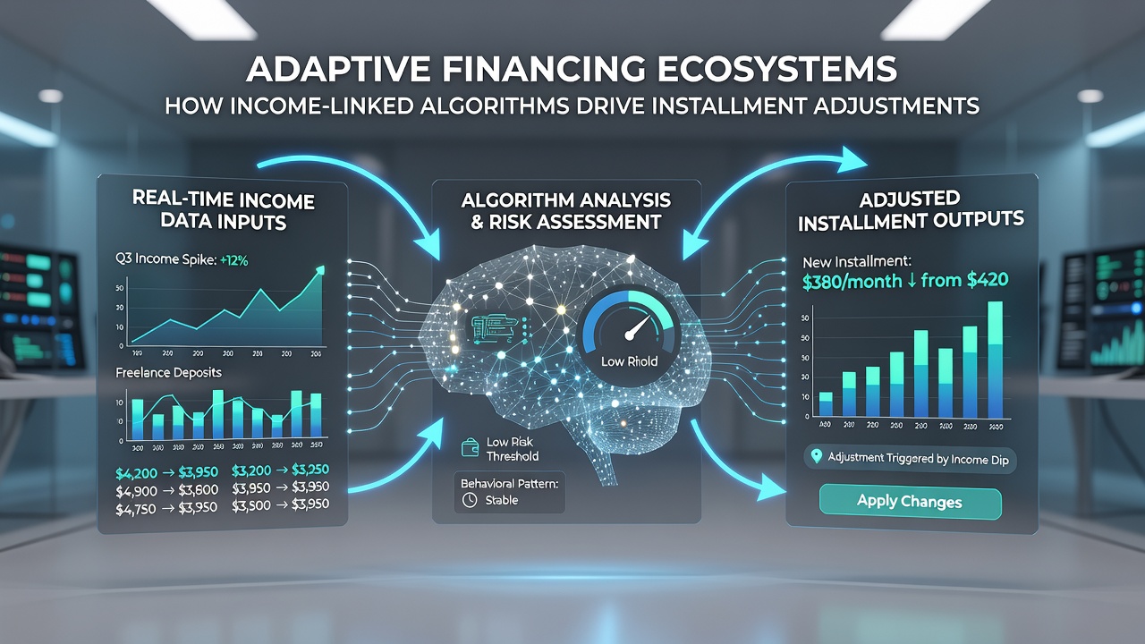 Flowchart illustrating real-time data integration from banks and payroll systems into income-linked repayment algorithms