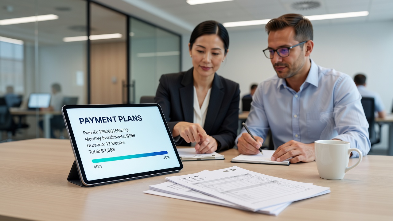 Business professional reviewing payment plan details on a tablet with graphs showing installment timelines