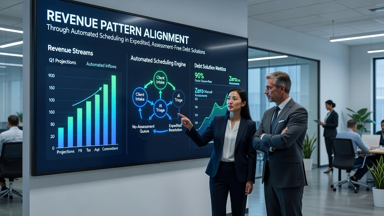 Flowchart showing automated revenue pattern detection and payment rescheduling in debt solutions