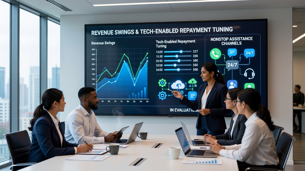 Support specialist reviewing live repayment adjustments on a dashboard connected to borrower income tracking tools