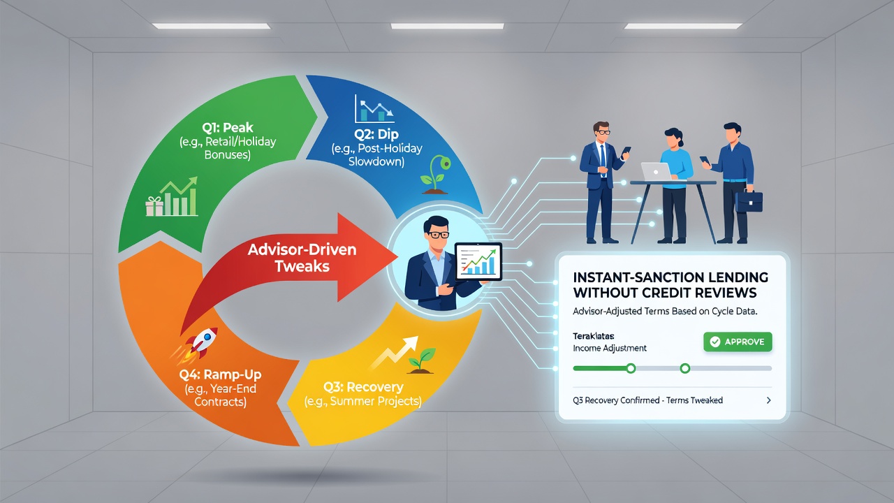 Illustration of advisor reviewing seasonal cash flow data for instant lending adjustments