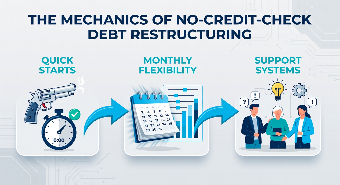 Diagram showing streamlined debt restructuring process without credit checks, highlighting quick enrollment and flexible payments