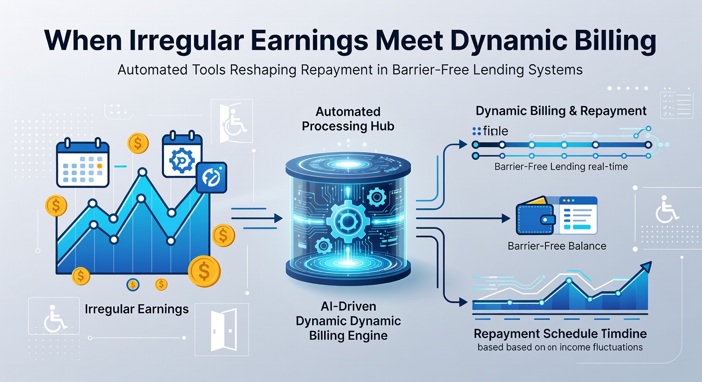 Automated billing interface displaying variable repayment adjustments for irregular income streams in lending platforms
